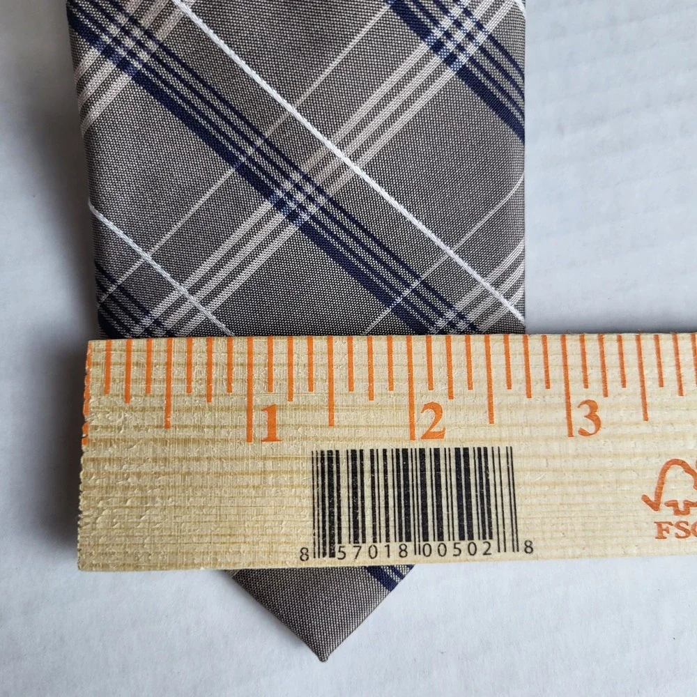 Michael Kors 100% Silk Taupe‎ Blue White Diagonal Plaid Tie 2.5
